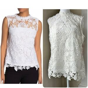 Nanette Lepore white lace overlay sleeveless blouse with ribbon tie back